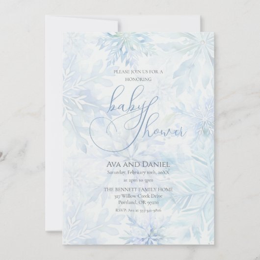 Winter Baby Shower Boy Blue Snowflake 招待状 (正面)