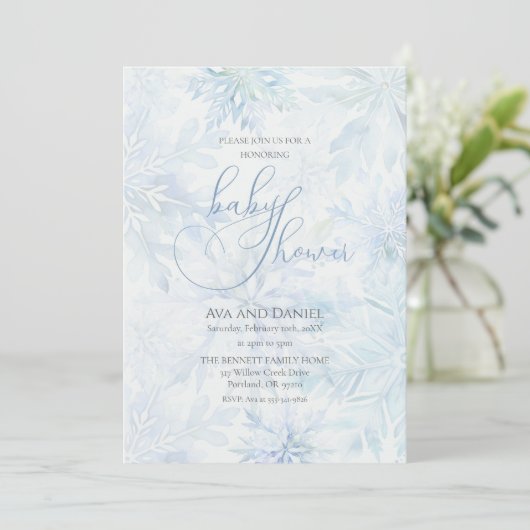 Winter Baby Shower Boy Blue Snowflake 招待状 (スタンド正面)