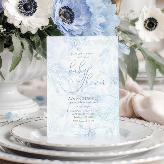 Winter Baby Shower Boy Blue Snowflake 招待状