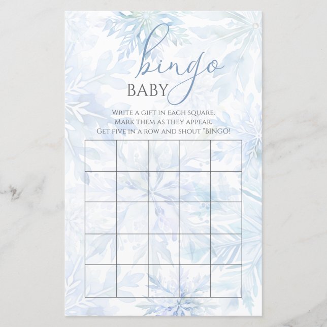 Winter Baby Shower Boy Blue Snowflake Bingo Game (正面)