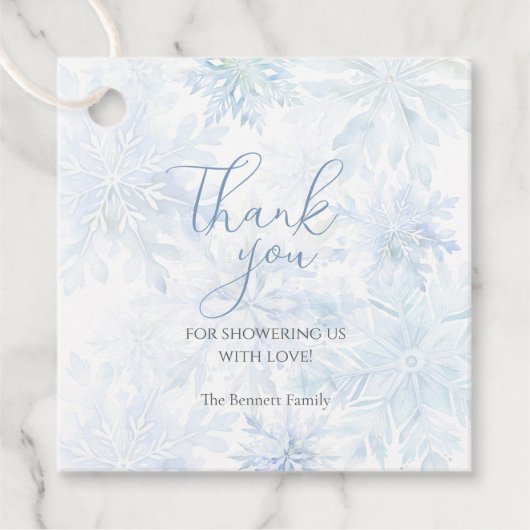 Winter Baby Shower Boy Blue Snowflake Thanks フェイバータグ (正面)