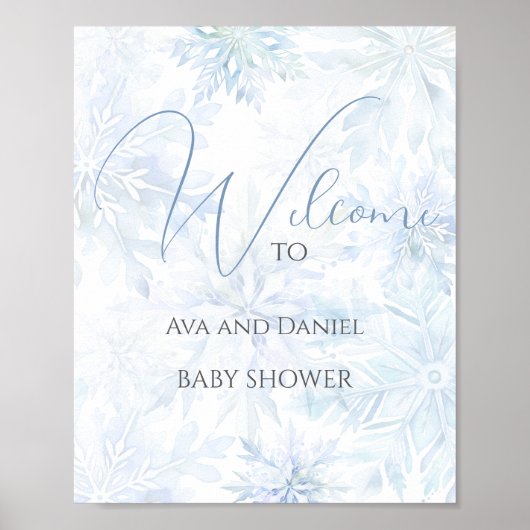 Winter Baby Shower Boy Blue Snowflake Welcome ポスター (正面)