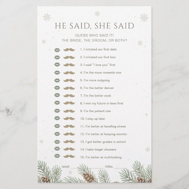 Winter Baby Shower He Said She Said Game (正面)