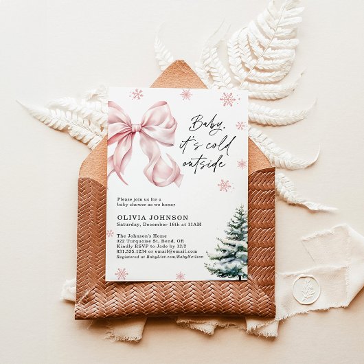Winter Baby Shower, Pink Bow It's Cold Outside 招待状