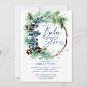 Winter baby shower snowy pines wreath dusty blue 招待状 (正面)
