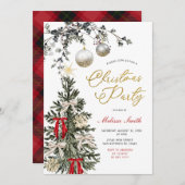Winter Baubles Red Bow Star Christmas Tree Party 招待状 (正面/裏面)