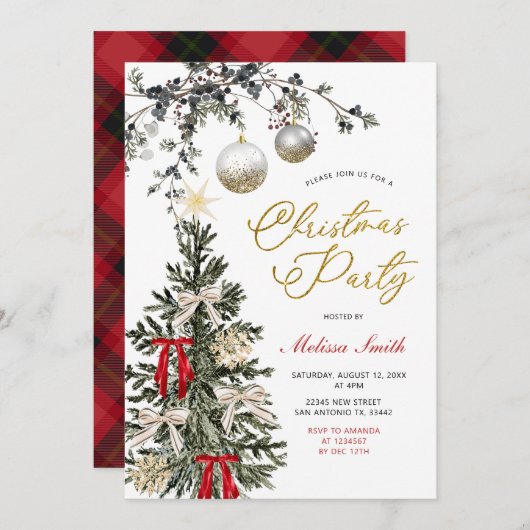 Winter Baubles Red Bow Star Christmas Tree Party 招待状 (正面/裏面)