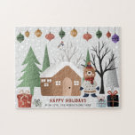 Winter bear and trees Happy holidays Christmas ジグソーパズル<br><div class="desc">Winter bear and trees Happy holidays Christmas puzzle that features a bear in winter clothes,  a house,  trees,  gifts and ornaments.</div>