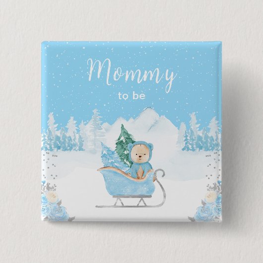 Winter Bear Blue Sleigh ママになる 缶バッジ (正面)