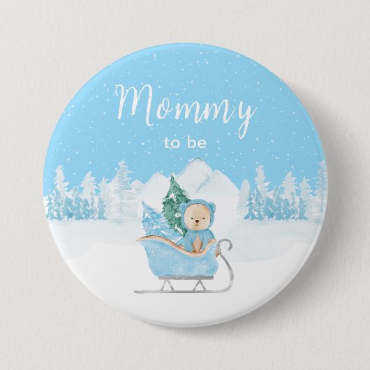 Winter Bear Blue Sleigh ママになる 缶バッジ (正面)