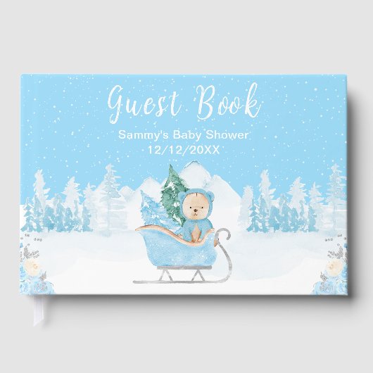 Winter Bear Blue Sleigh Baby Shower ゲストブック (正面)