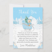 Winter Bear Blue Sleigh Baby Shower サンキューカード (正面)