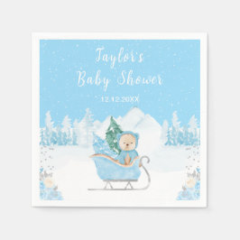 Winter Bear Blue Sleigh Baby Shower スタンダードカクテルナプキン