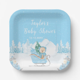 Winter Bear Blue Sleigh Baby Shower ペーパープレート