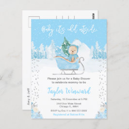 Winter Bear Blue Sleigh Baby Shower ポストカード