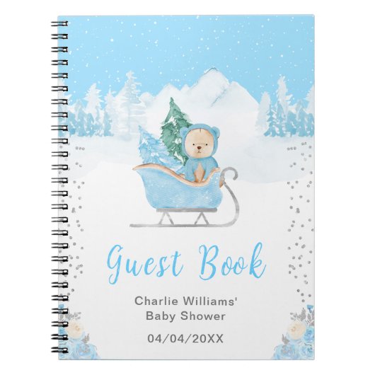 Winter Bear Blue Sleigh Baby Shower Guest Book ノートブック (正面)