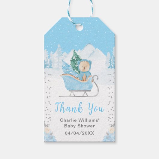 Winter Bear Blue Sleigh Baby Shower Thank You ギフトタグ (正面)