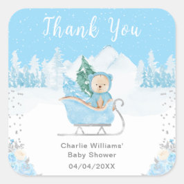 Winter Bear Blue Sleigh Baby Shower Thank You スクエアシール
