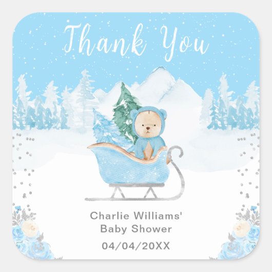 Winter Bear Blue Sleigh Baby Shower Thank You スクエアシール (正面)