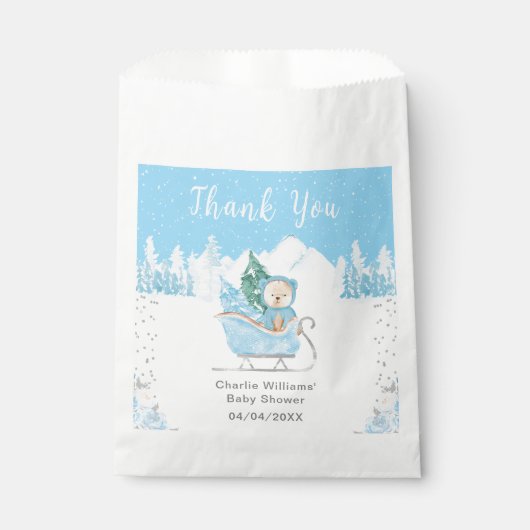 Winter Bear Blue Sleigh Baby Shower Thank You フェイバーバッグ (正面)