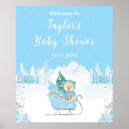 Winter Bear Blue Sleigh Baby Shower Welcome ポスター