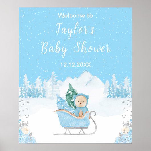 Winter Bear Blue Sleigh Baby Shower Welcome ポスター (正面)