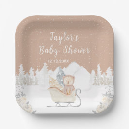 Winter Bear Brown Sleigh Baby Shower ペーパープレート