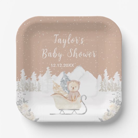 Winter Bear Brown Sleigh Baby Shower ペーパープレート (正面)