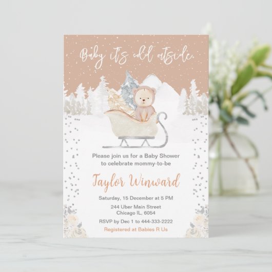 Winter Bear Brown Sleigh Baby Shower 招待状 (スタンド正面)