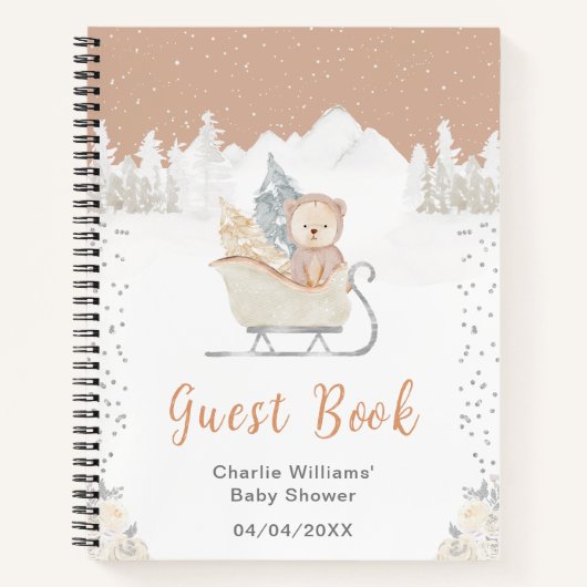Winter Bear Brown Sleigh Baby Shower Guest Book ノートブック (正面)