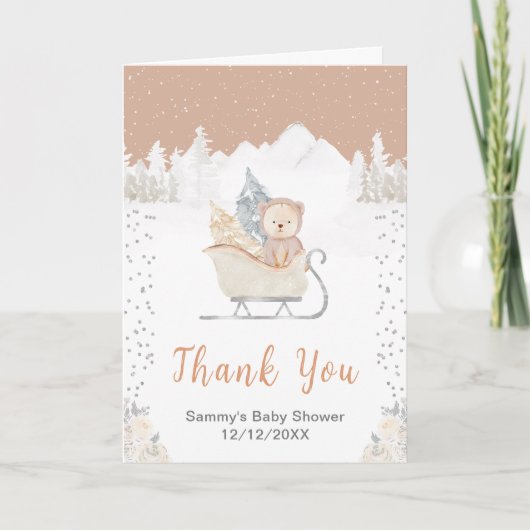 Winter Bear Brown Sleigh Baby Shower Thank You サンキューカード (正面)