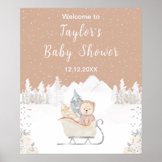 Winter Bear Brown Sleigh Baby Shower Welcome ポスター (正面)
