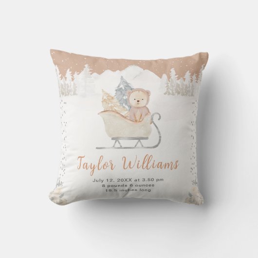Winter Bear Brown Sleigh Birth Statistics クッション (正面)