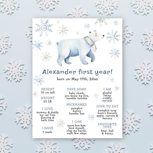 Winter Bear First Birthday Milestone Birthday ポスター