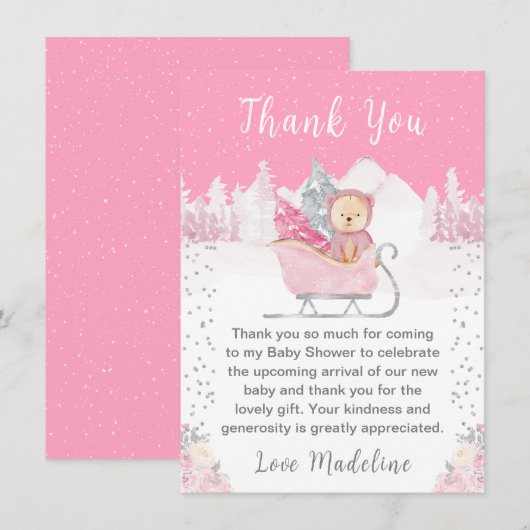 Winter Bear Pink Sleigh Baby Shower サンキューカード (正面/裏面)
