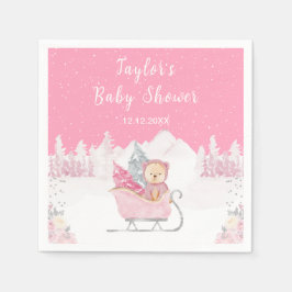 Winter Bear Pink Sleigh Baby Shower スタンダードカクテルナプキン