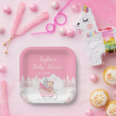Winter Bear Pink Sleigh Baby Shower ペーパープレート (パーティー)