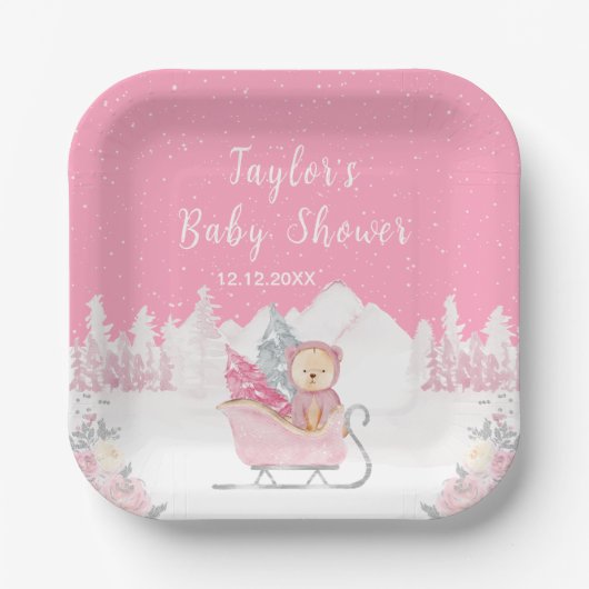Winter Bear Pink Sleigh Baby Shower ペーパープレート (正面)