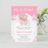 Winter Bear Pink Sleigh Baby Shower 招待状 (スタンド正面)