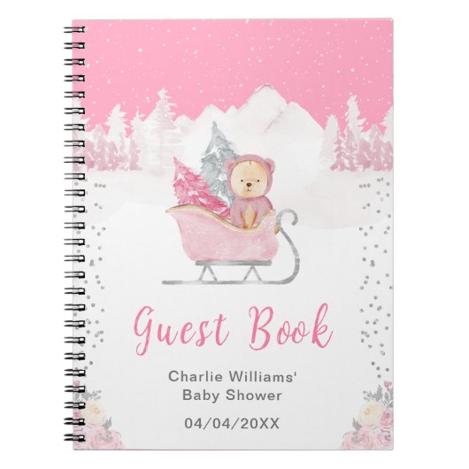Winter Bear Pink Sleigh Baby Shower Guest Book ノートブック (正面)