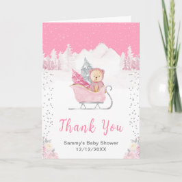 Winter Bear Pink Sleigh Baby Shower Thank You サンキューカード