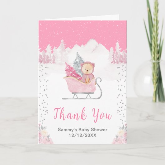 Winter Bear Pink Sleigh Baby Shower Thank You サンキューカード (正面)