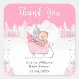 Winter Bear Pink Sleigh Baby Shower Thank You スクエアシール