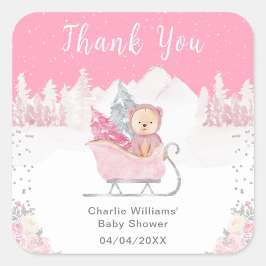 Winter Bear Pink Sleigh Baby Shower Thank You スクエアシール (正面)
