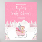 Winter Bear Pink Sleigh Baby Shower Welcome ポスター (正面)
