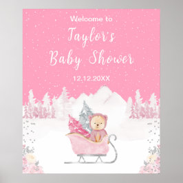 Winter Bear Pink Sleigh Baby Shower Welcome ポスター