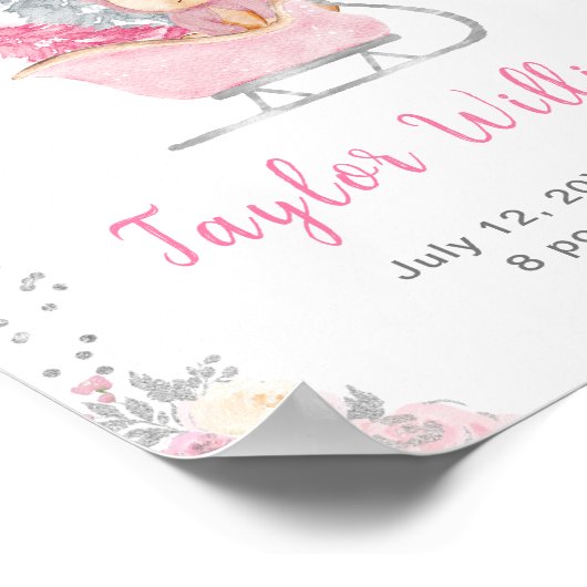 Winter Bear Pink Sleigh Birth Statistics ポスター (角)