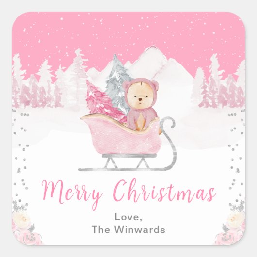 Winter Bear Pink Sleigh Merry Christmas スクエアシール (正面)