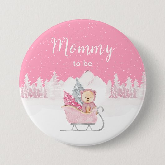 Winter Bear Pink Sleigh Mommy To Be 缶バッジ (正面)