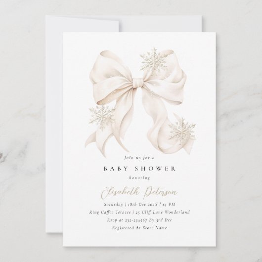 Winter Beige Bow Baby Shower Invitation 招待状 (正面)
